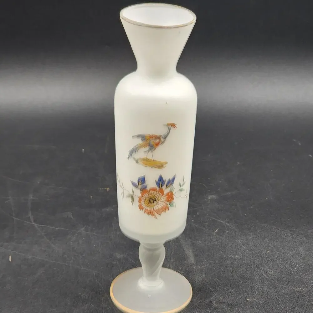 Norleans Frosted Satin Art Glass Vase Hand Painted Bird Bristol Gold Trim 10